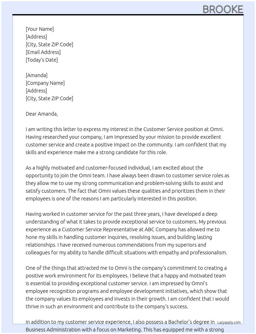 customer service  At omni Cover Letter