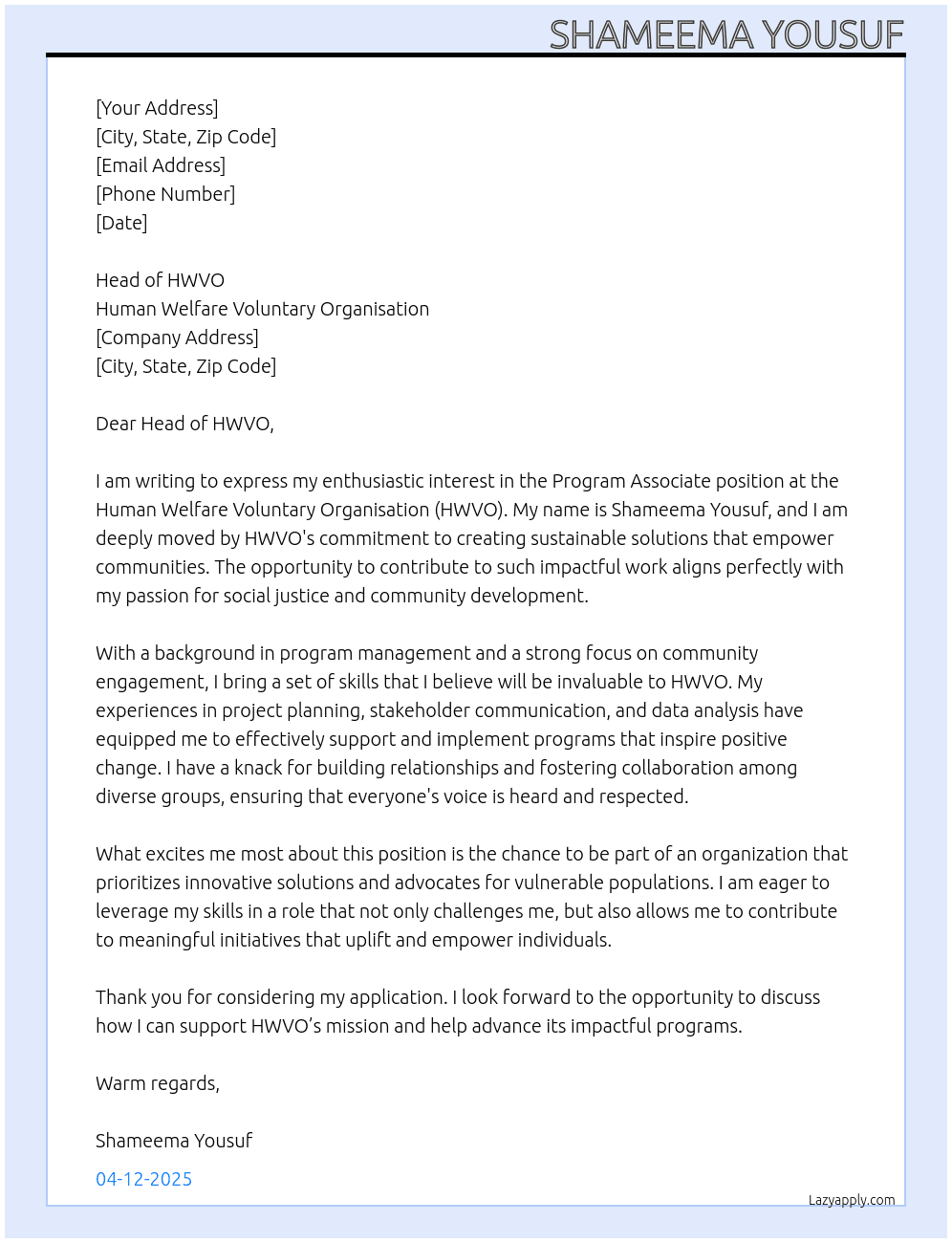 Program Associate At Human Welfare Voluntary Organisation Cover Letter