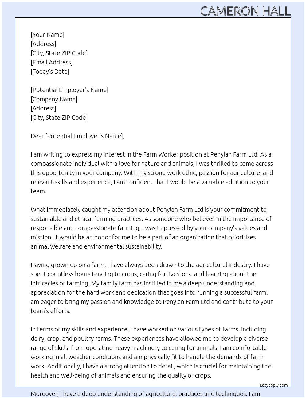 Farm worker  At Penylan farm ltd  Cover Letter