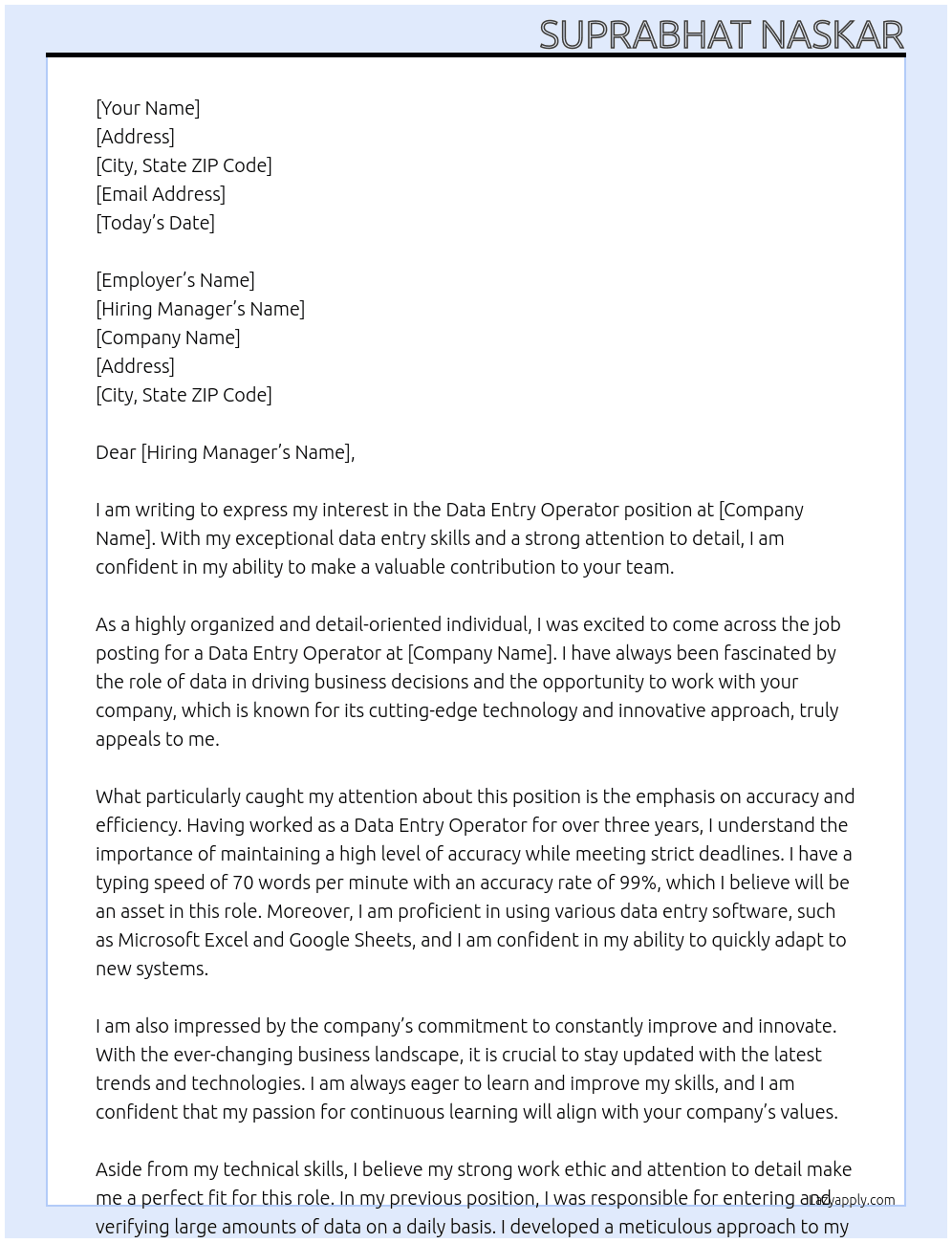 data entry operator At job Cover Letter
