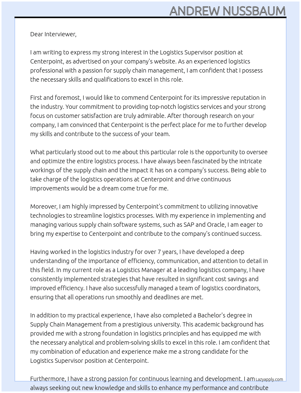 Logistics Supervisor At Centerpoint Cover Letter