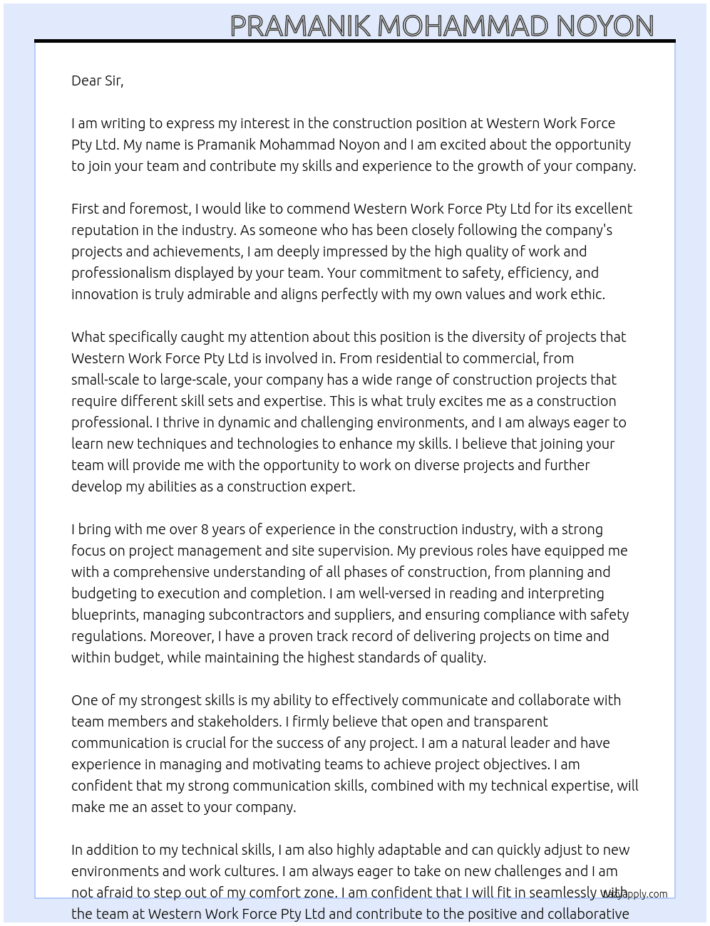 construction At westernwork force pty ltd Cover Letter