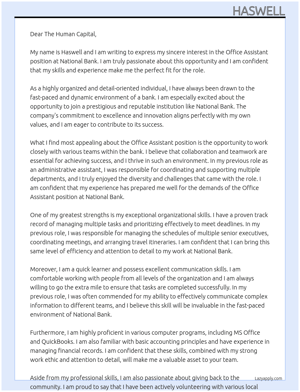 .office assstant make it shot At national bank Cover Letter