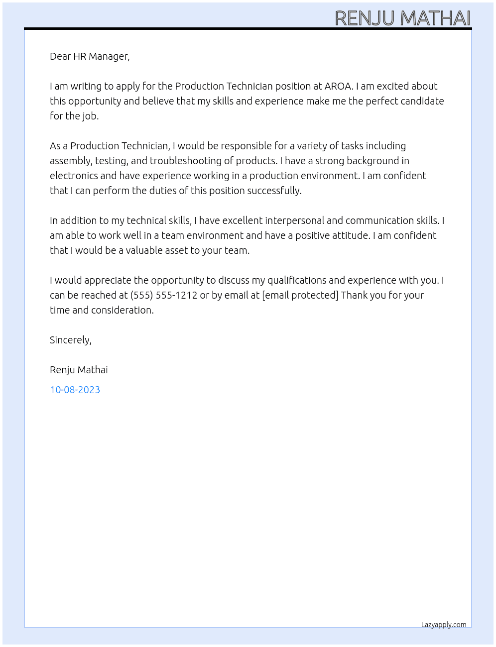 Production Technician  At AROA Cover Letter