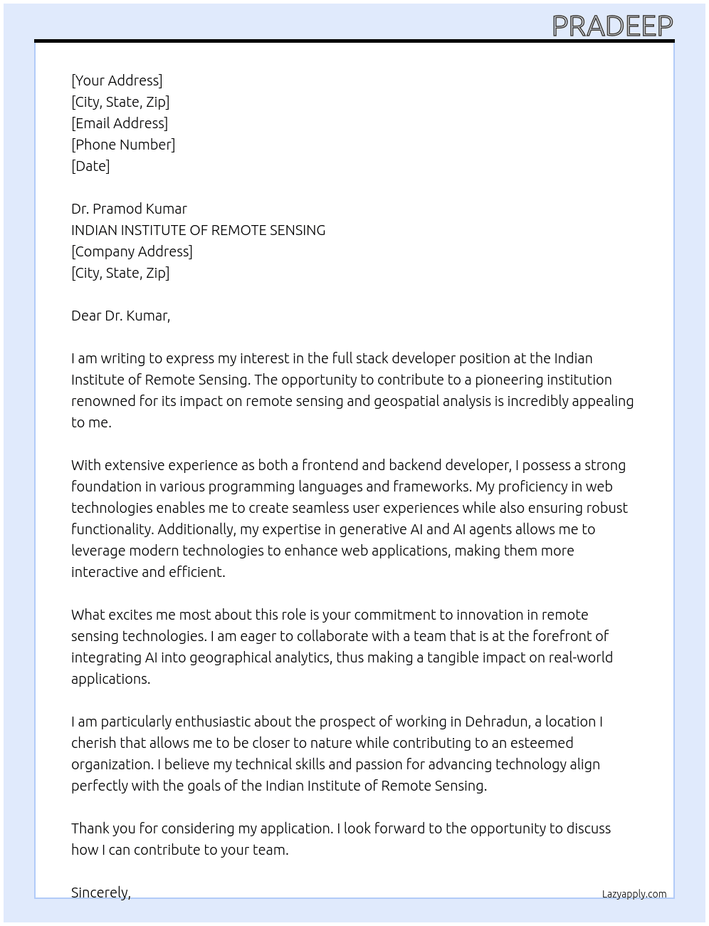 Website developer  At INDIAN INSTITUTE OF REMOTE SENSING Cover Letter