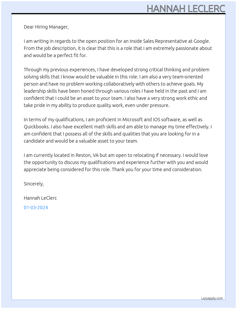 Inside Sales Representative At Google Cover Letter