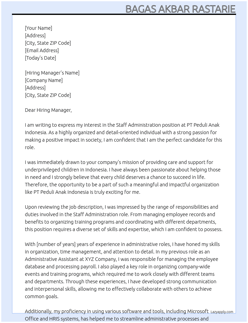 Staff Administration At PT Peduli Anak Indonesia Cover Letter