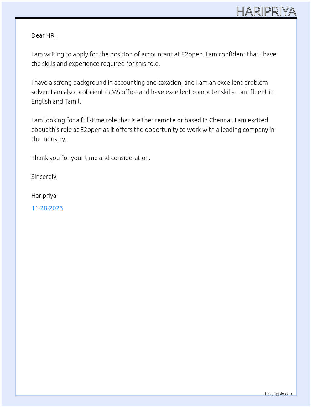 Accountant At E2open Cover Letter