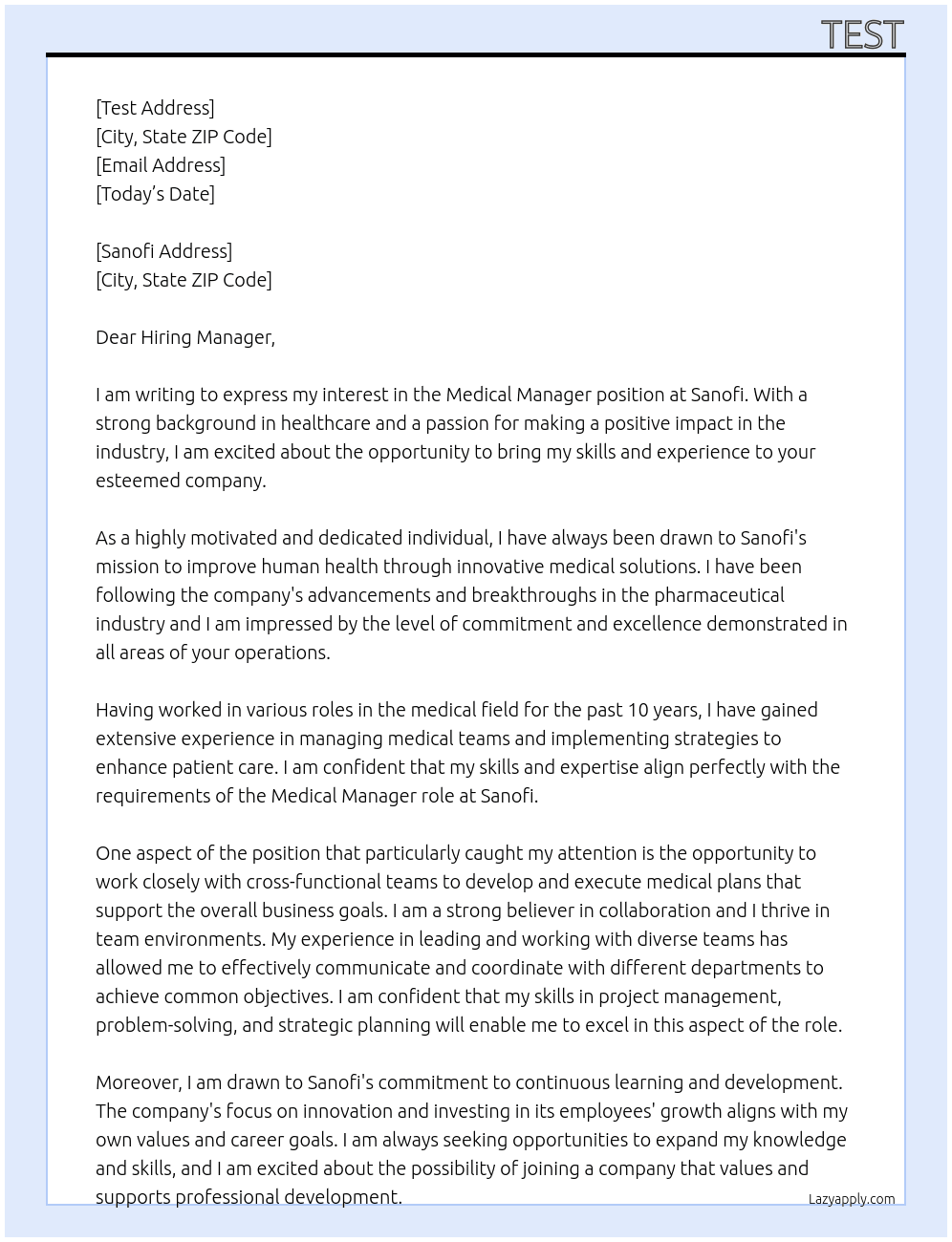 Medical Manager  At Sanofi Cover Letter