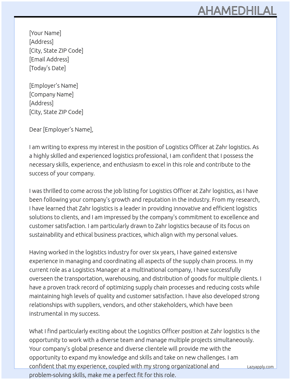 Logistics officer At Zahr logistics Cover Letter