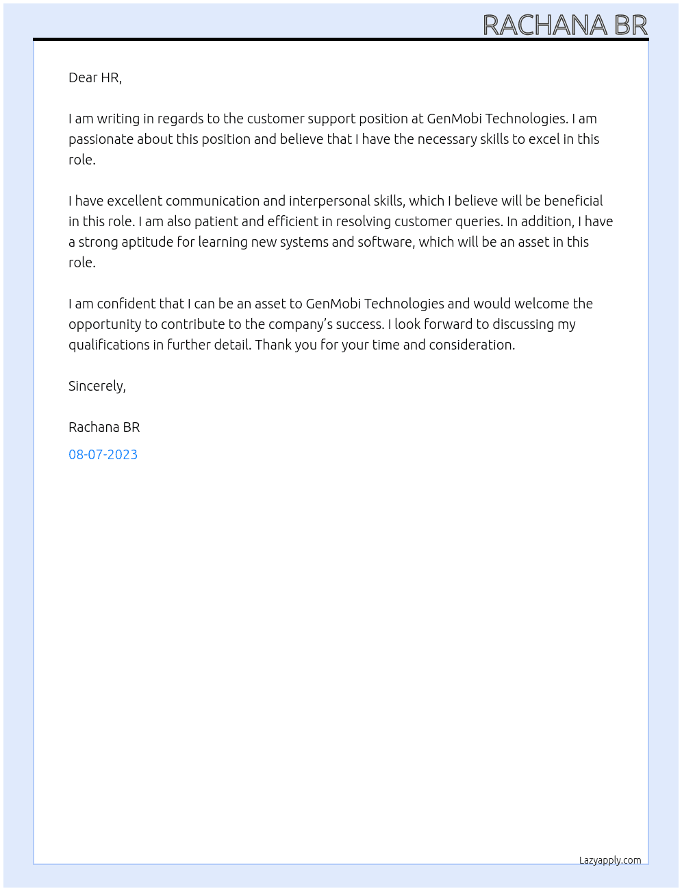Customer support  At GenMobi Technologies  Cover Letter