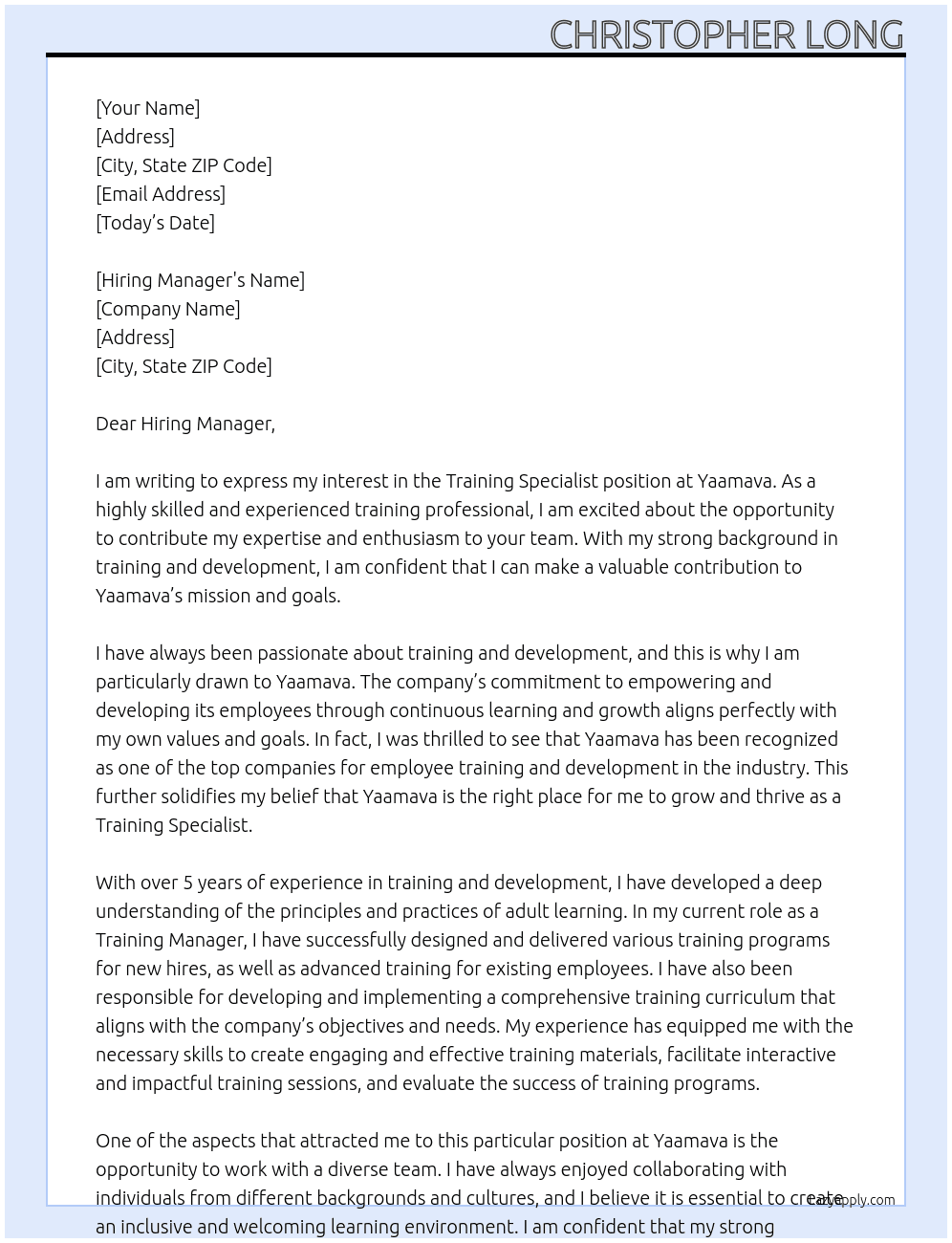 Training Specialist At Yaamava Cover Letter
