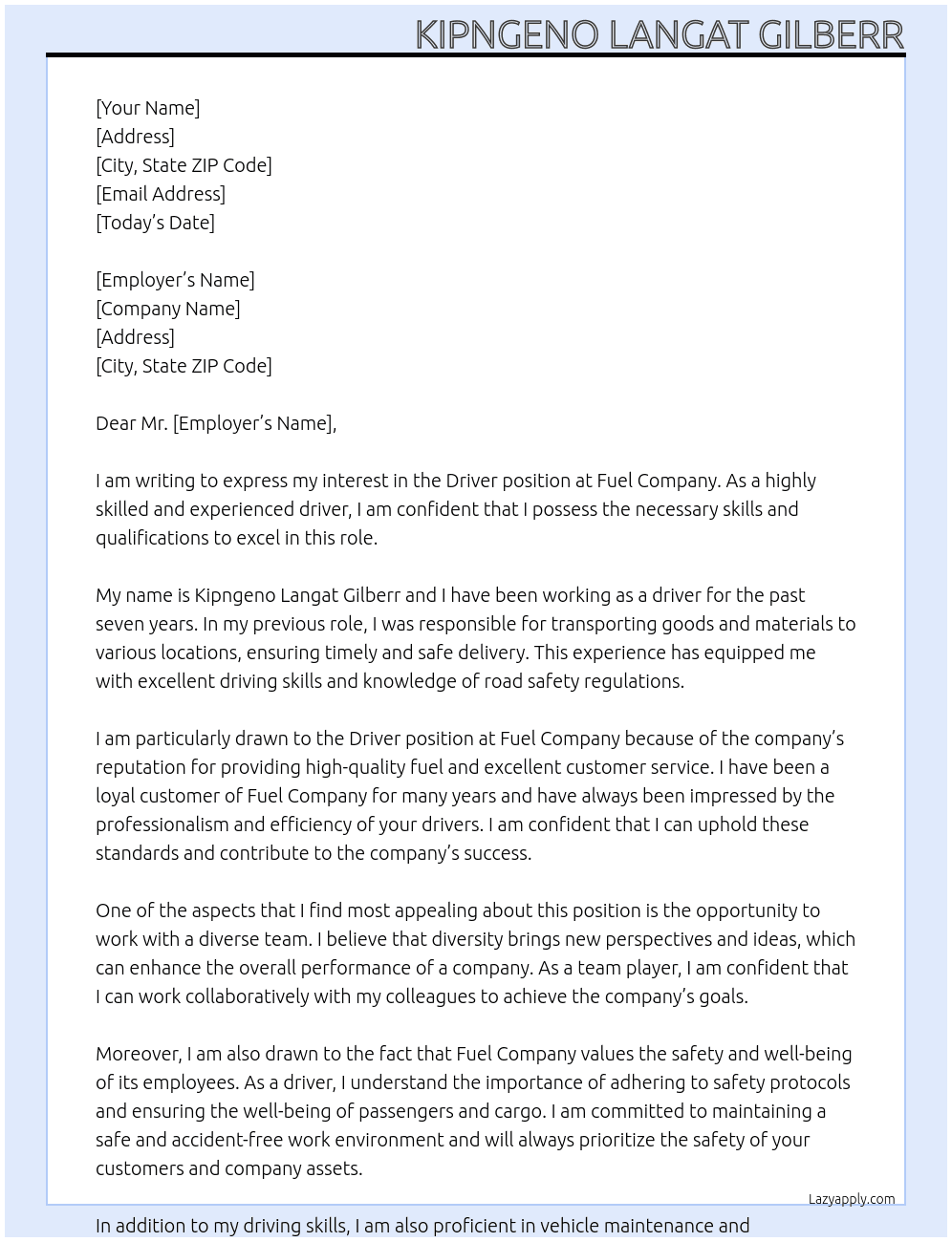 Driver At Fuel company Cover Letter
