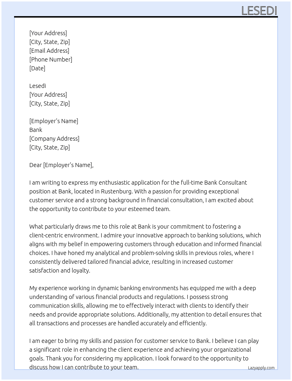Bank consultant  At Bank Cover Letter