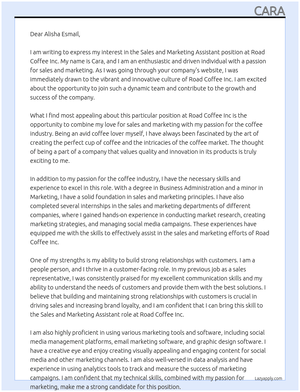 Sales and Marketing Assistant At Road Coffee Inc Cover Letter