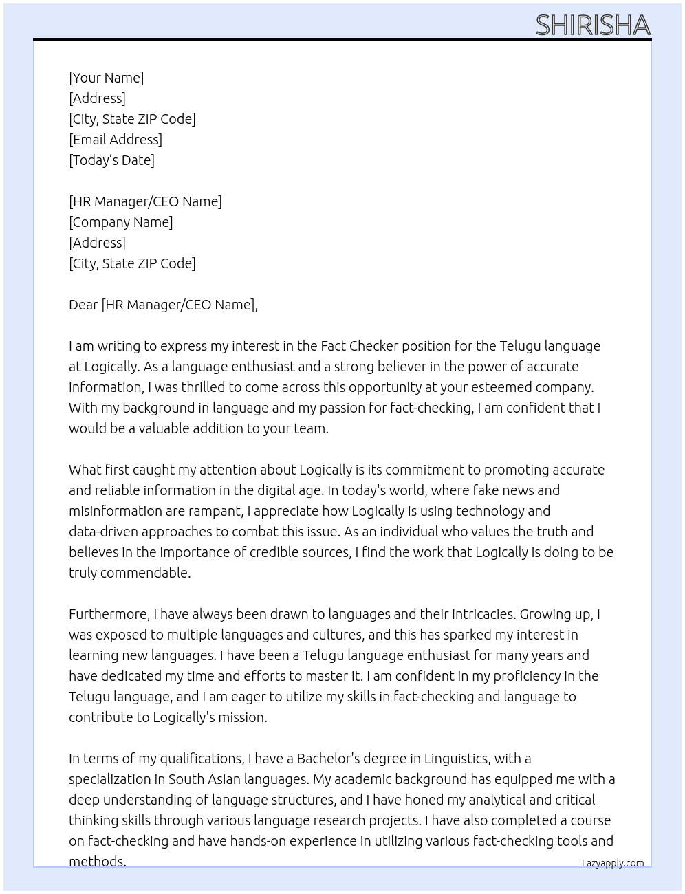 Fact checker (Telugu) At Logically  Cover Letter