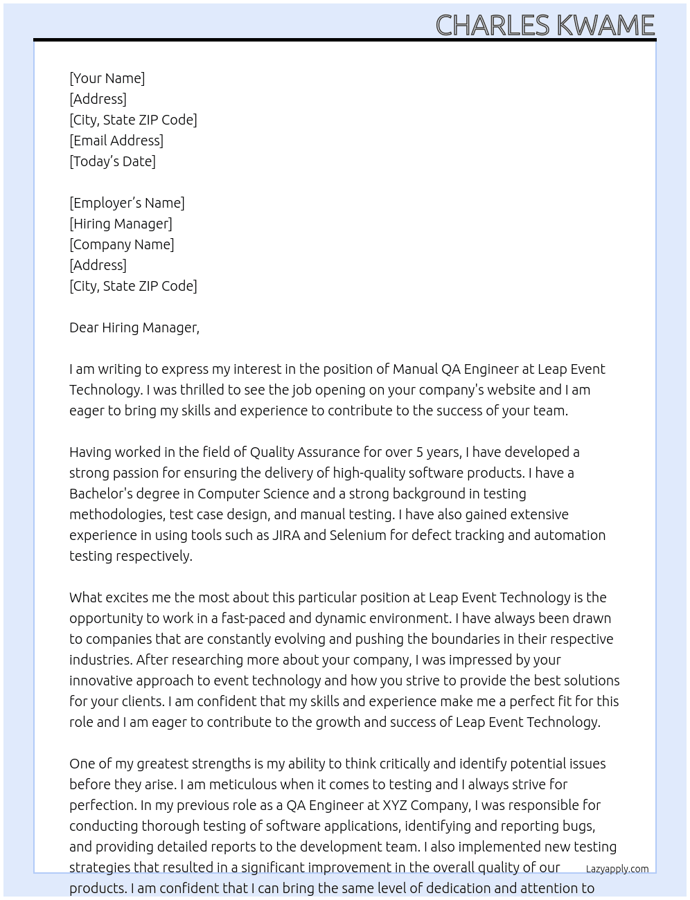 manual QA Engineer At Leap Event Technology Cover Letter