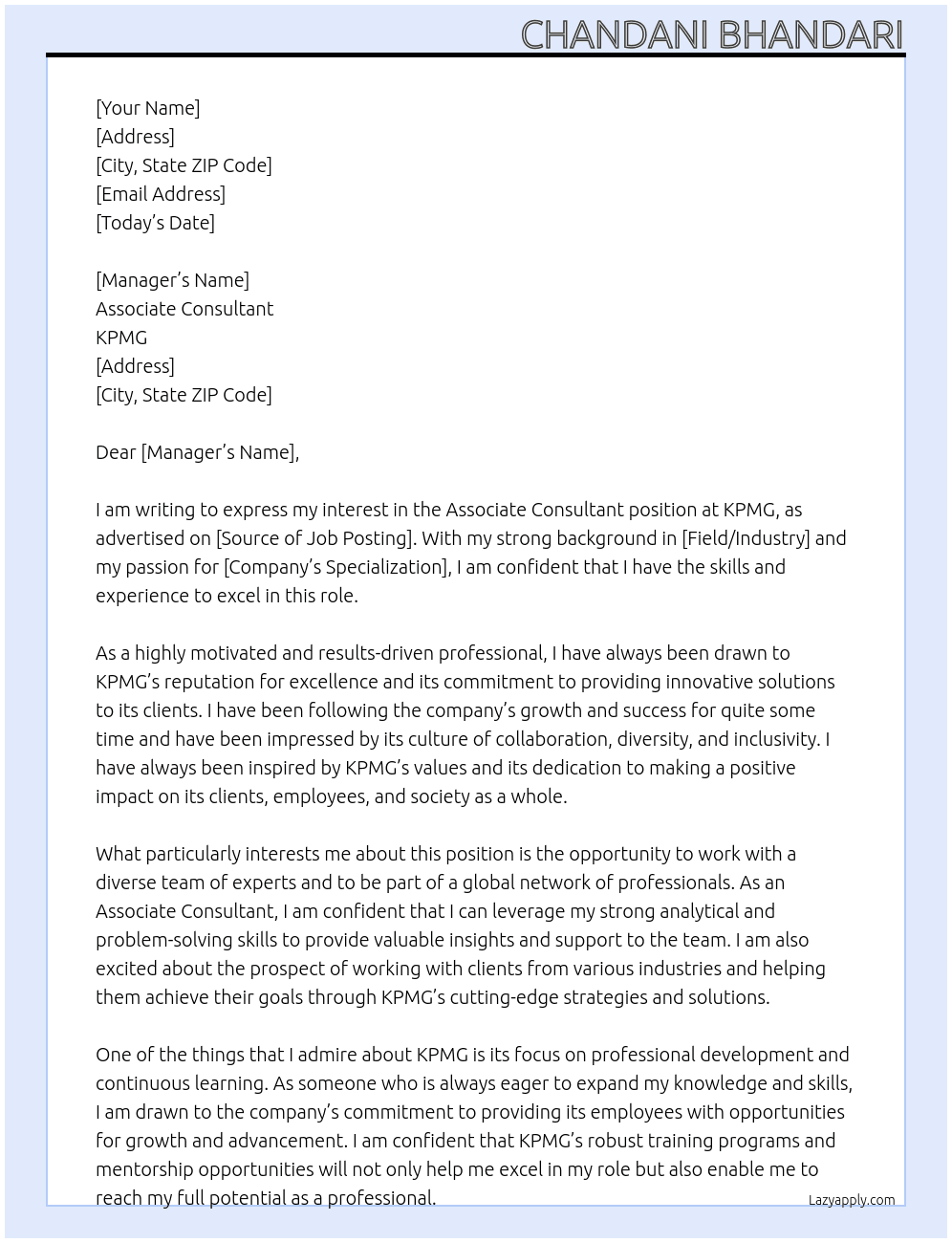 Associate Consultant  At KPMG  Cover Letter