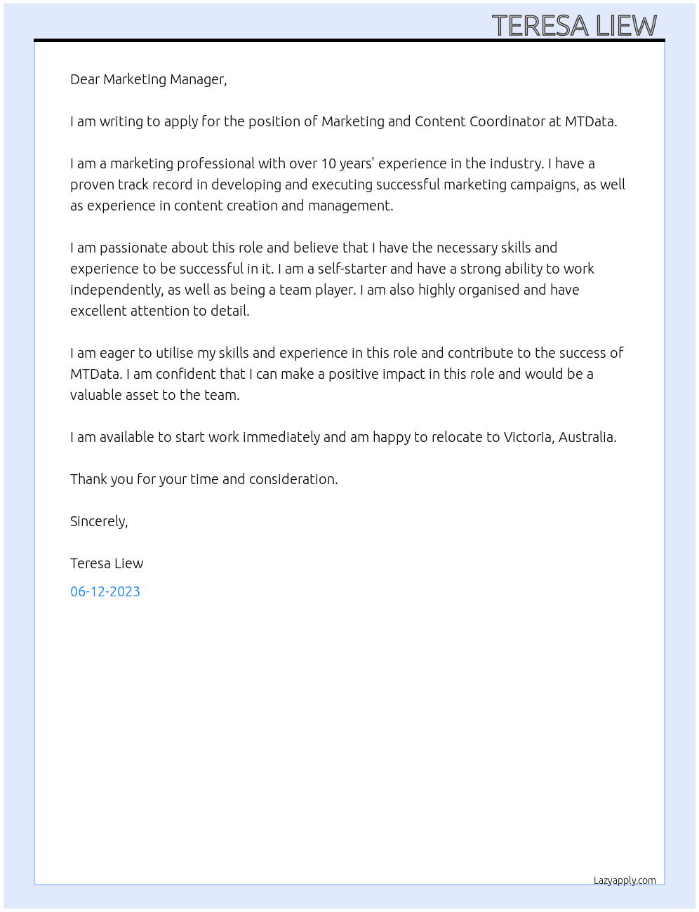 Marketing and Content Coordinator At MTData  Cover Letter