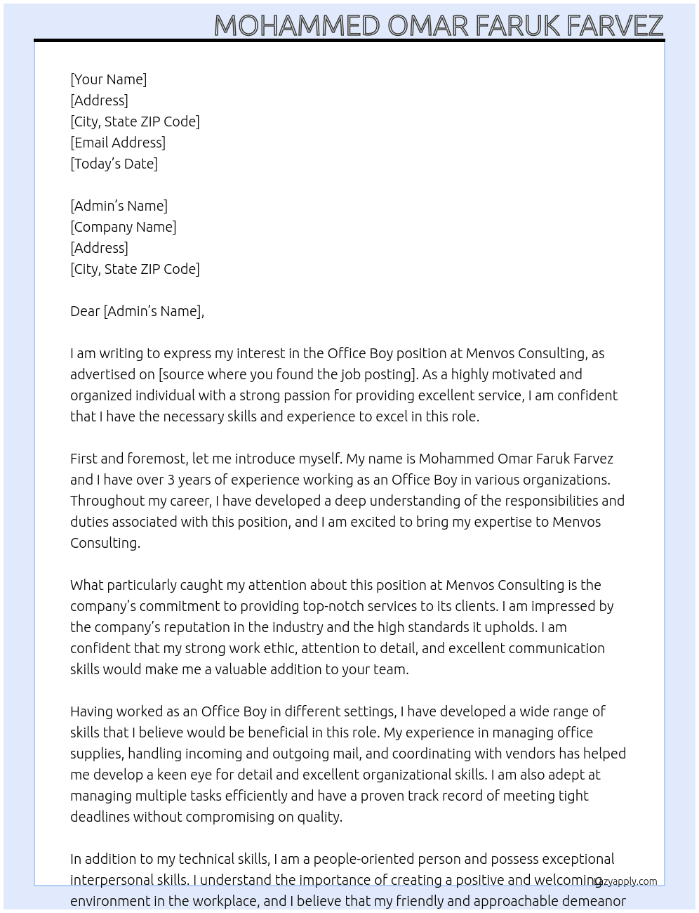 Office Boy  At Menvos Consulting  Cover Letter