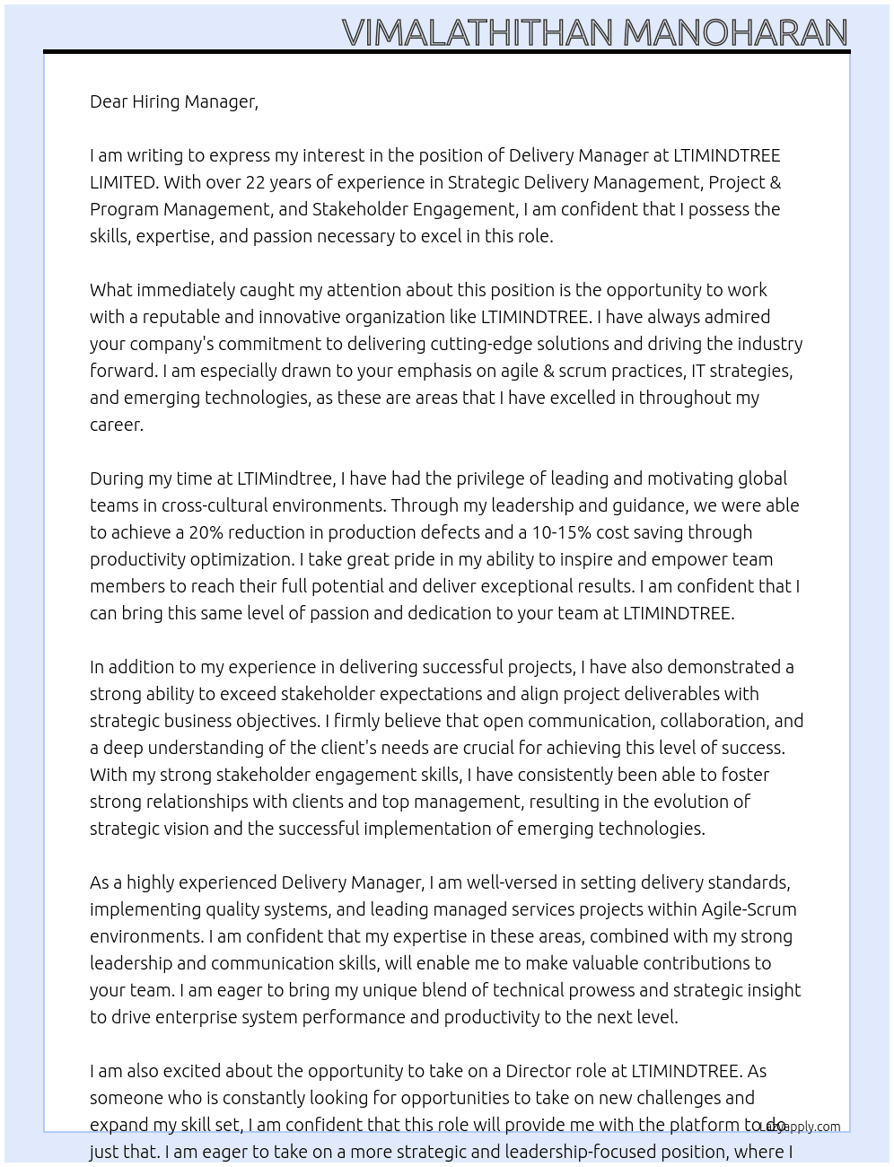 Delivery Manager At LTIMINDTREE LIMITED Cover Letter
