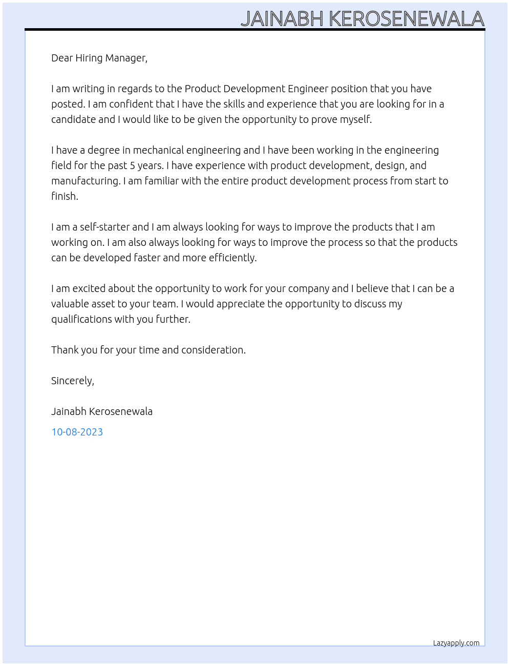 Product Development Engineer At - Cover Letter