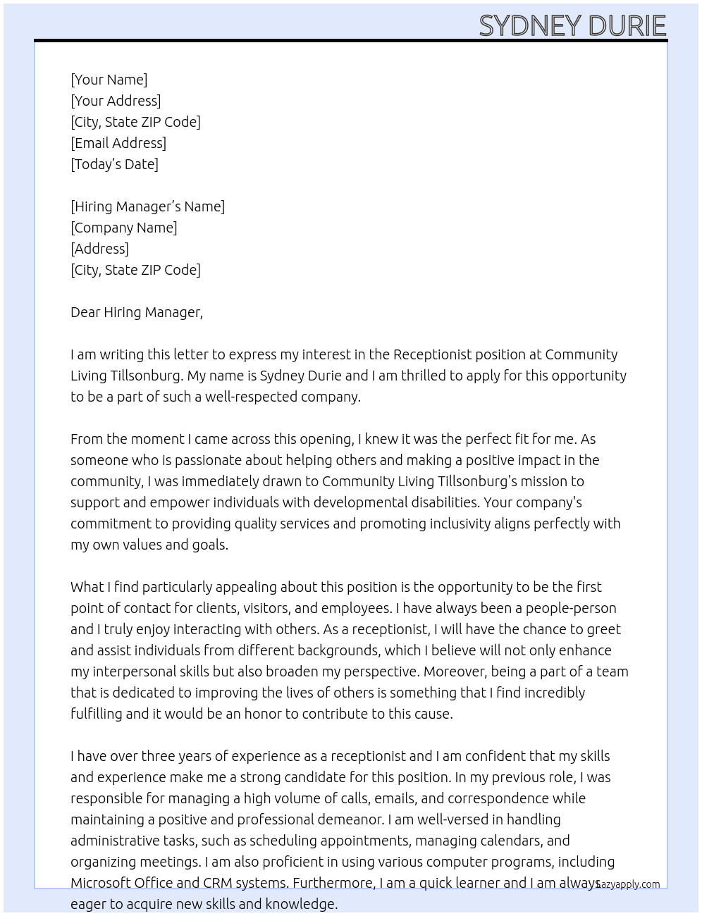 Receptionist  At Community Living Tillsonburg Cover Letter