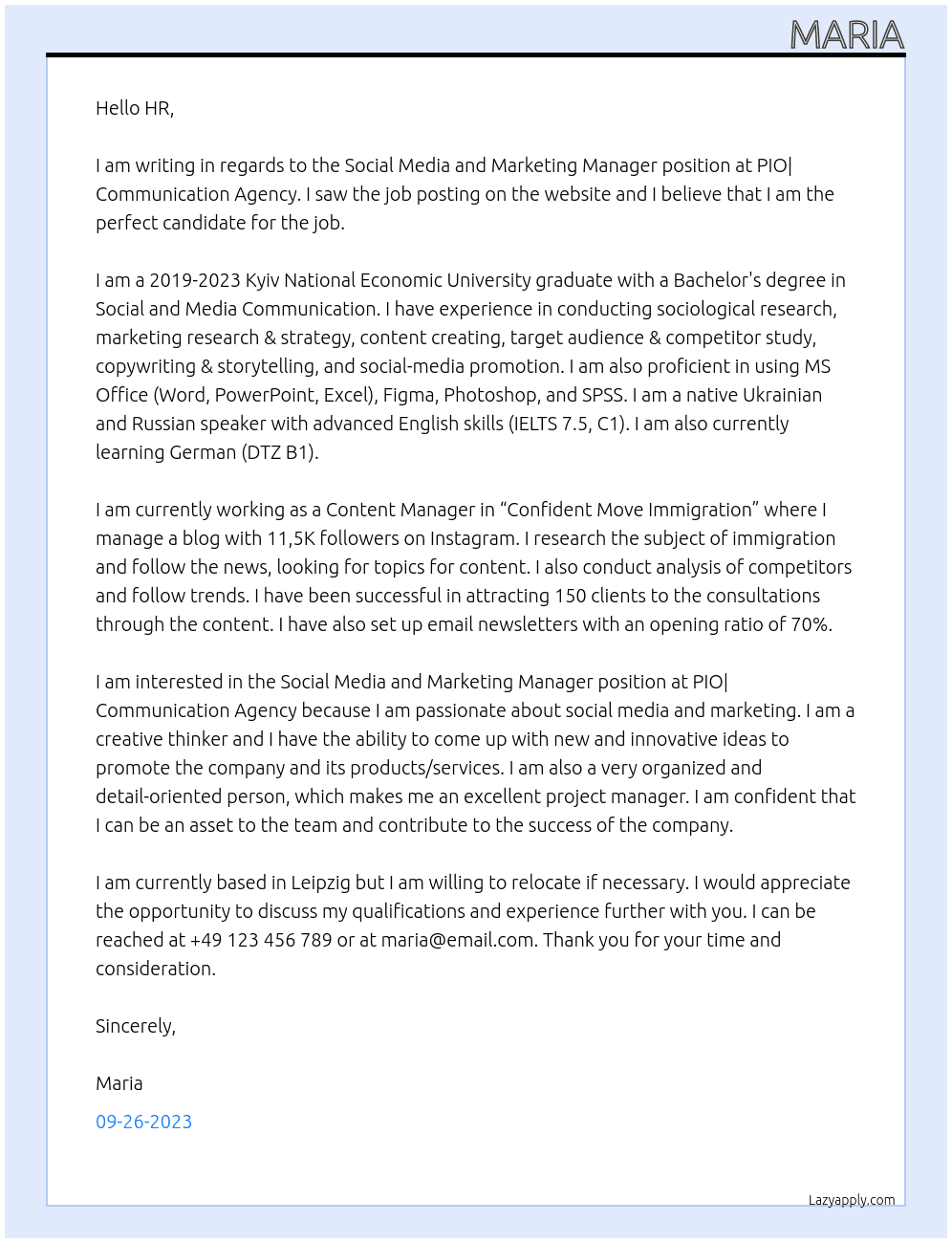 Social Media and Marketing Manager At PIO| Communication Agency Cover Letter