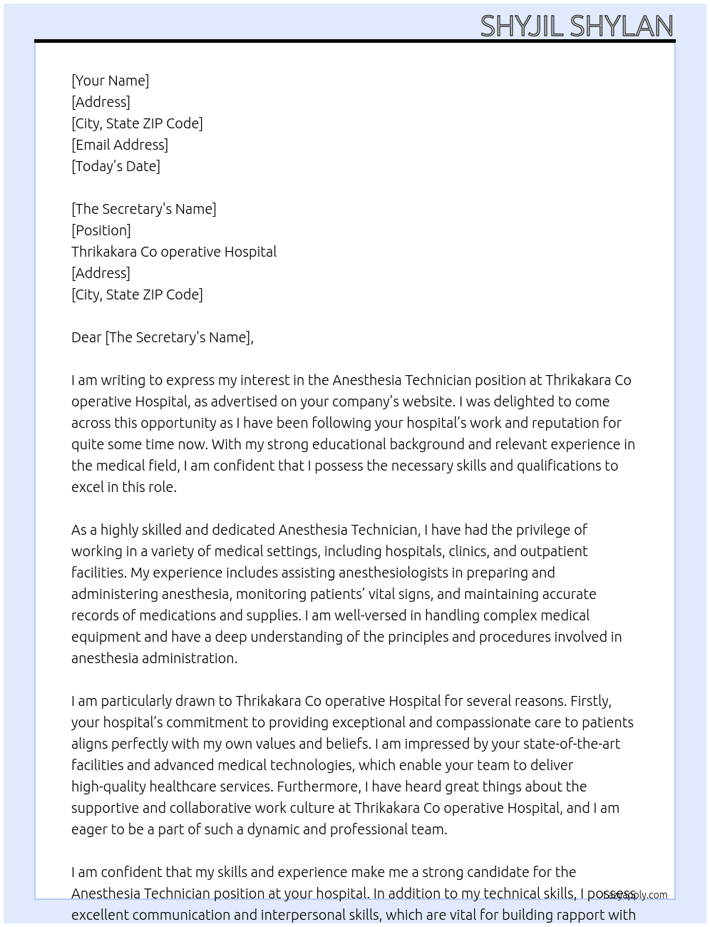 Anesthesia technician At Thrikakara Co operative hospital  Cover Letter