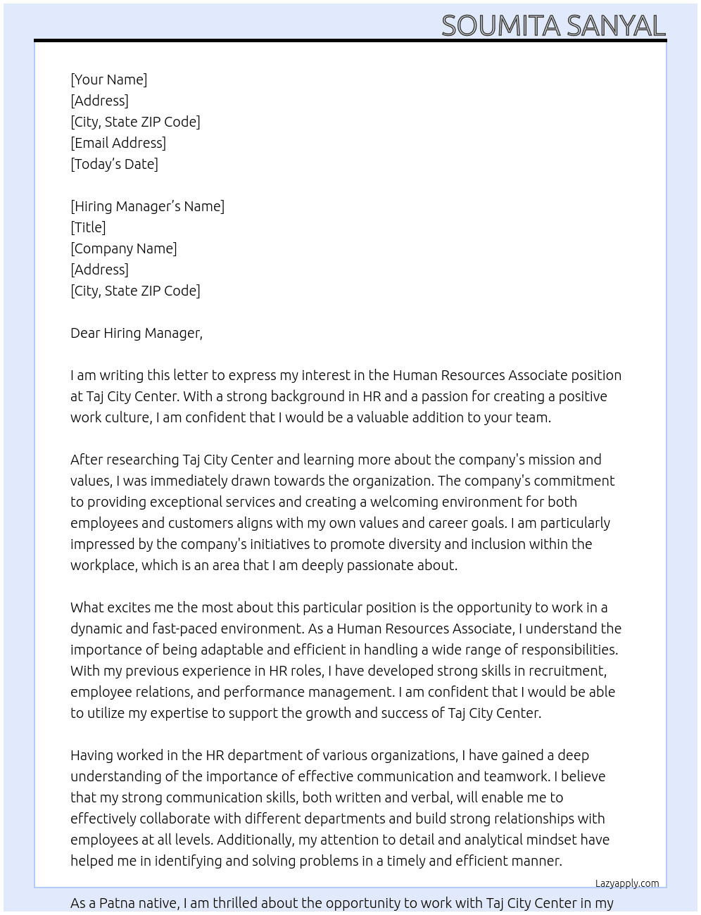 Human Resources Associate At Taj City Center Cover Letter