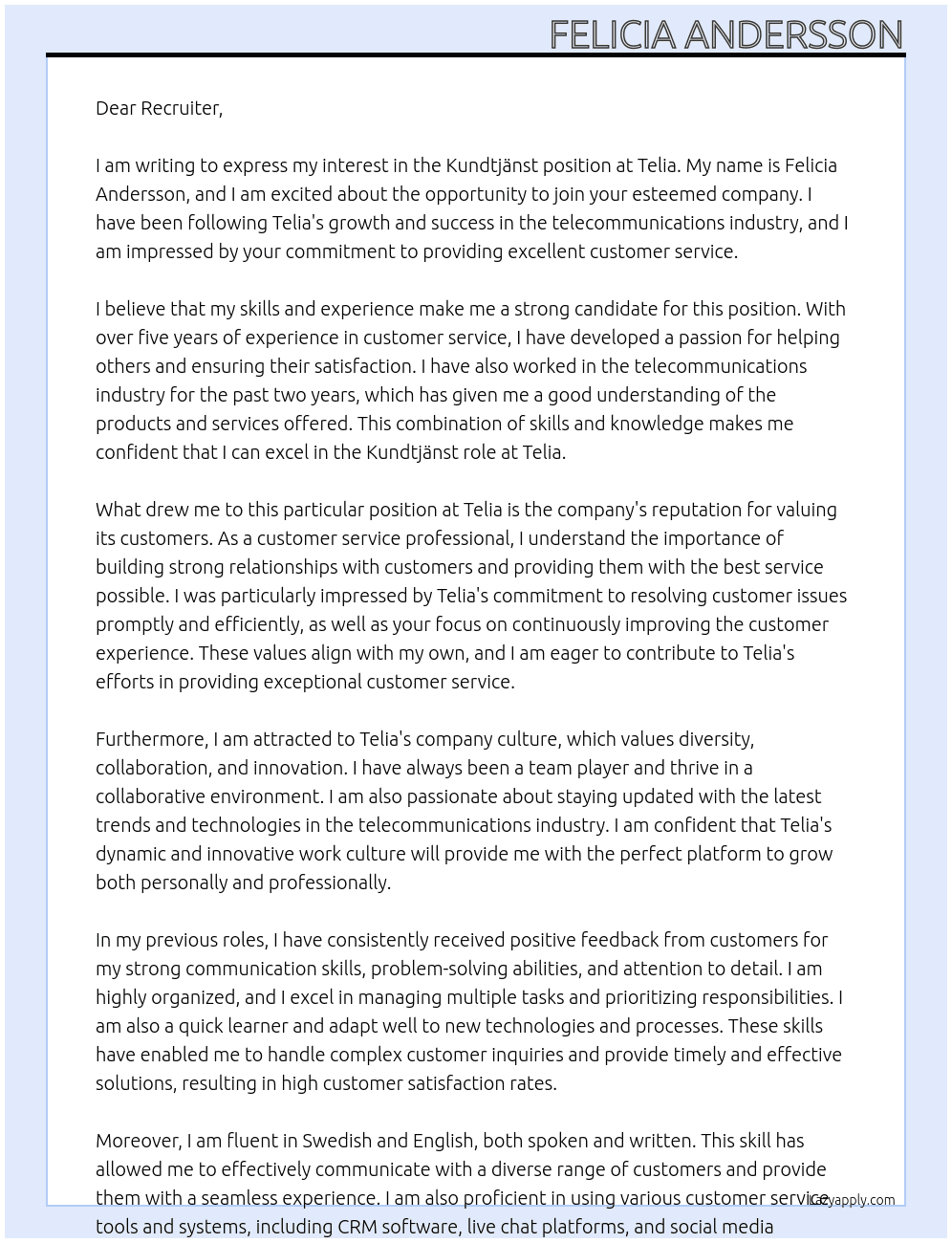 kundtjänst At telia Cover Letter