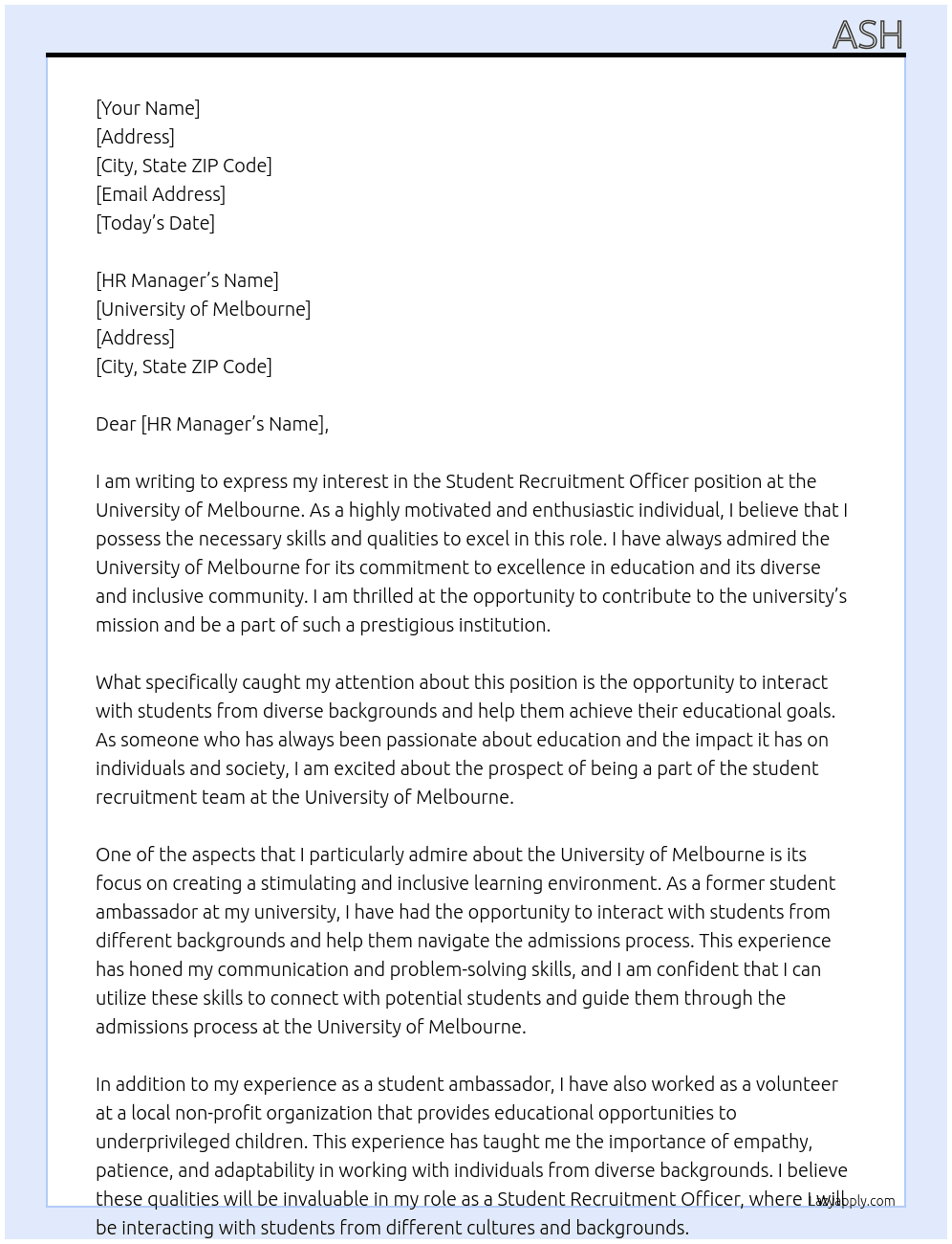 Student recruitment officer At University of Melbourne Cover Letter