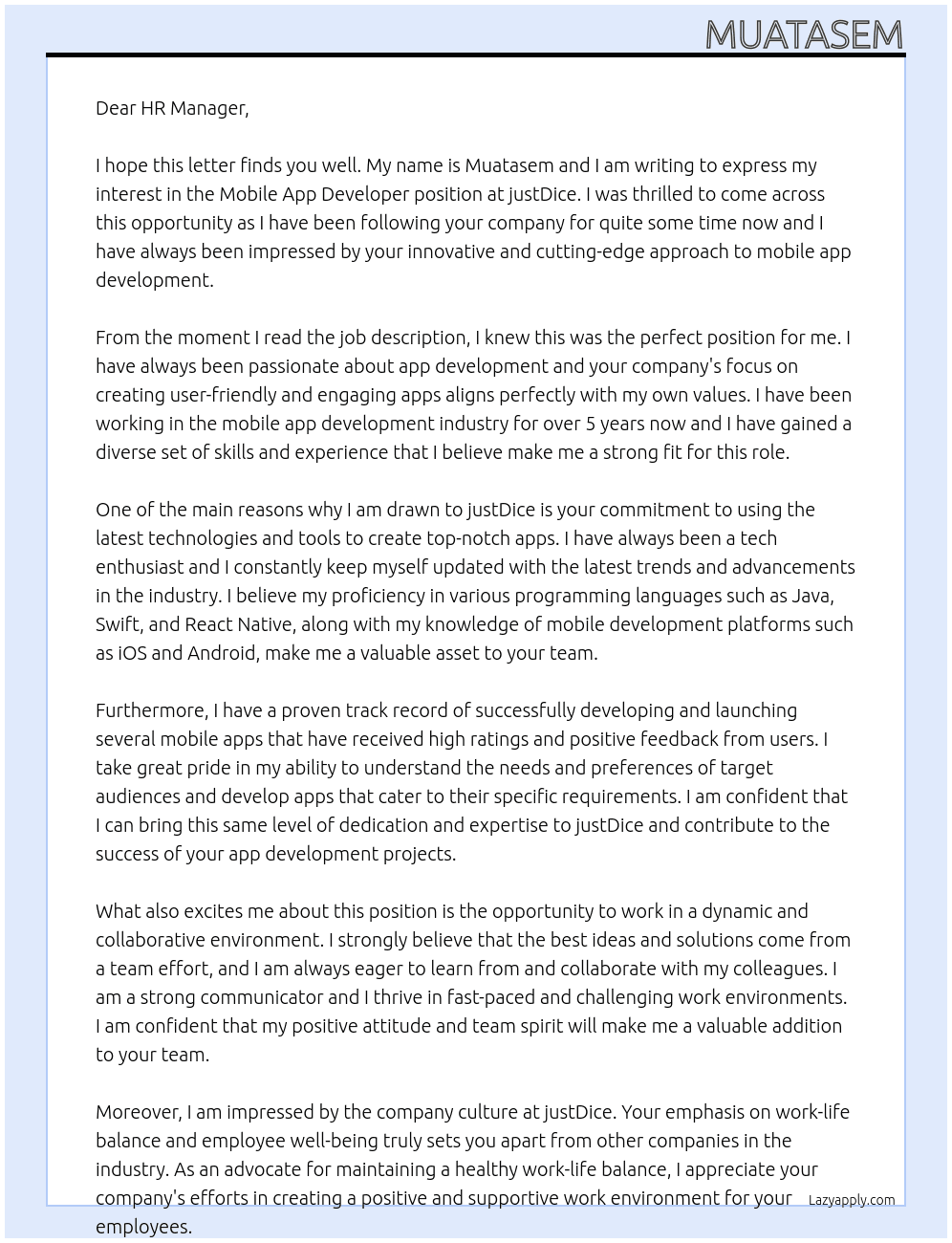 Mobile App Developer At justDice Cover Letter