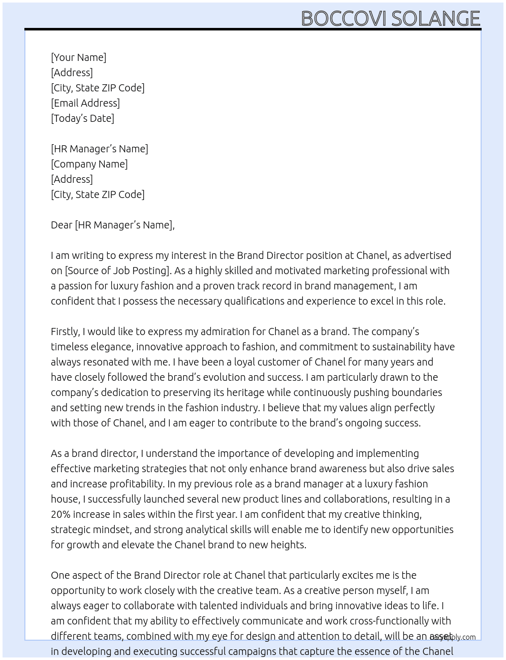 brand director At chanel Cover Letter