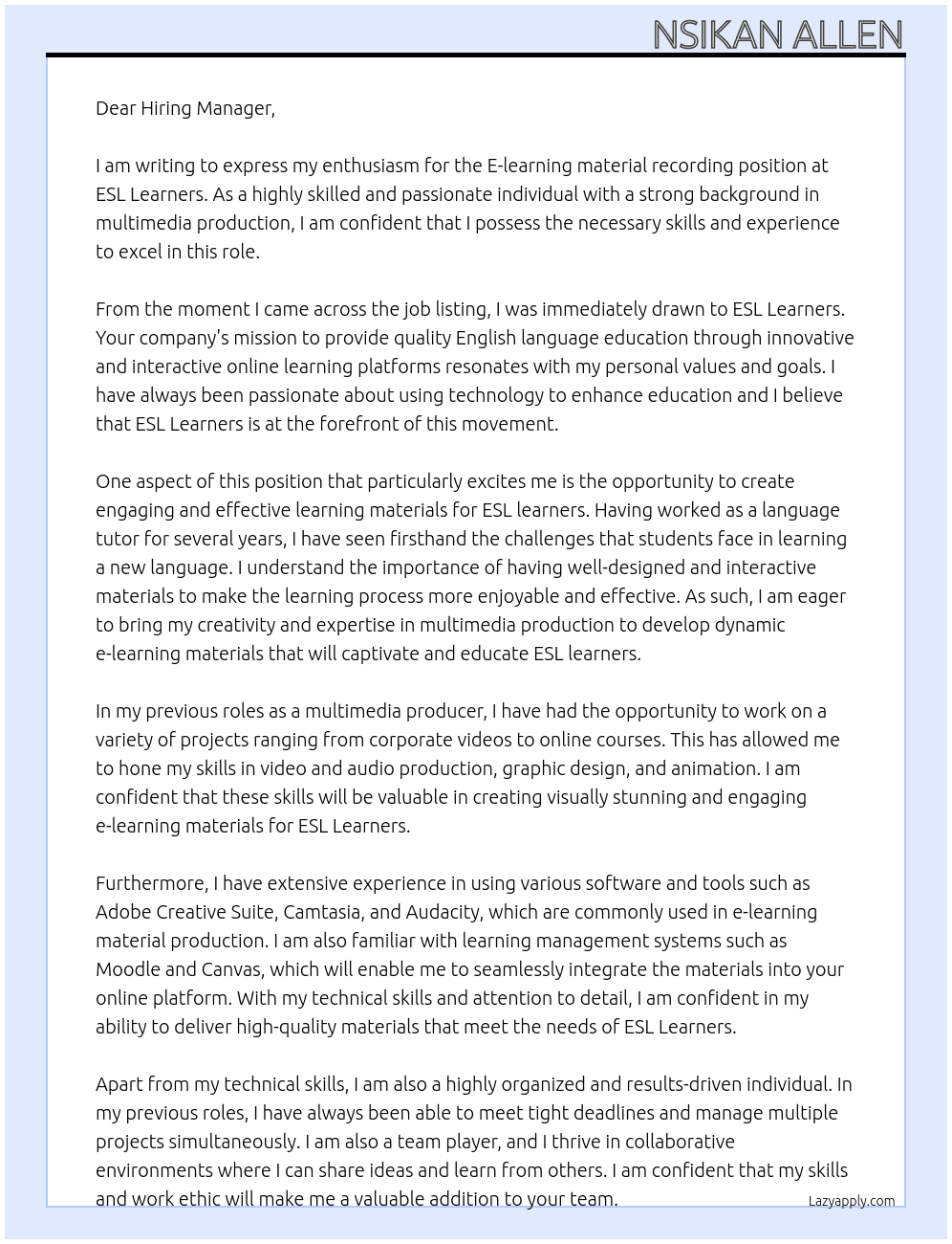 E-learning material recording At ESL Learners Cover Letter