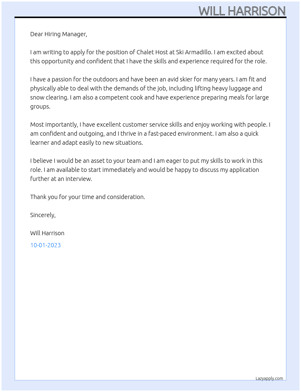 Chalet Host At Ski Armadillo Cover Letter