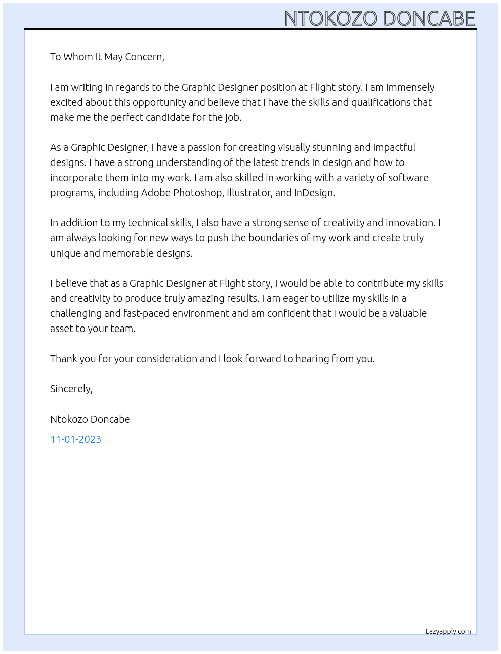 Graphic Designer  At Flight story  Cover Letter