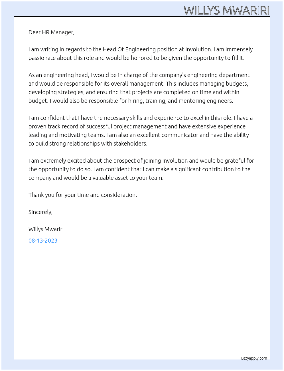 Head Of Engineering At Involution Cover Letter