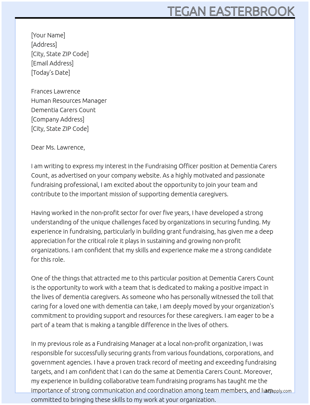 Fundraising Officer At Dementia Carers Count Cover Letter