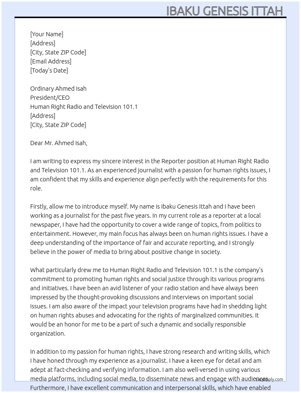 Reporter At Human Right Radio and Television 101.1 Cover Letter