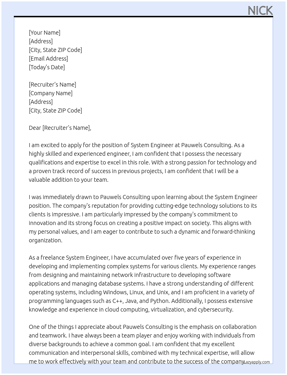 System Engineer At Pauwels Consulting Cover Letter