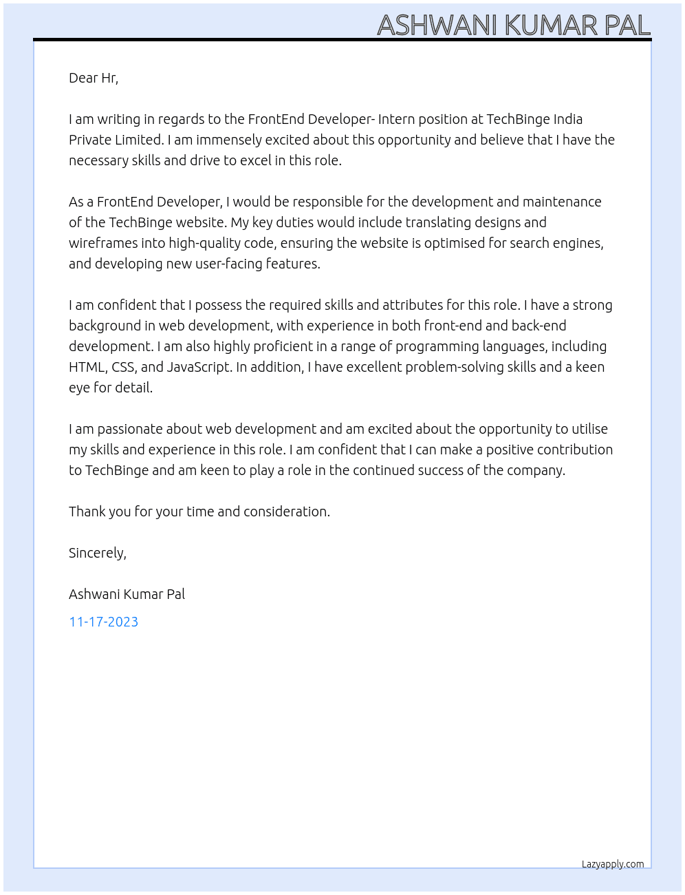 FrontEnd Developer- Intern At TechBinge India Private Limited Cover Letter