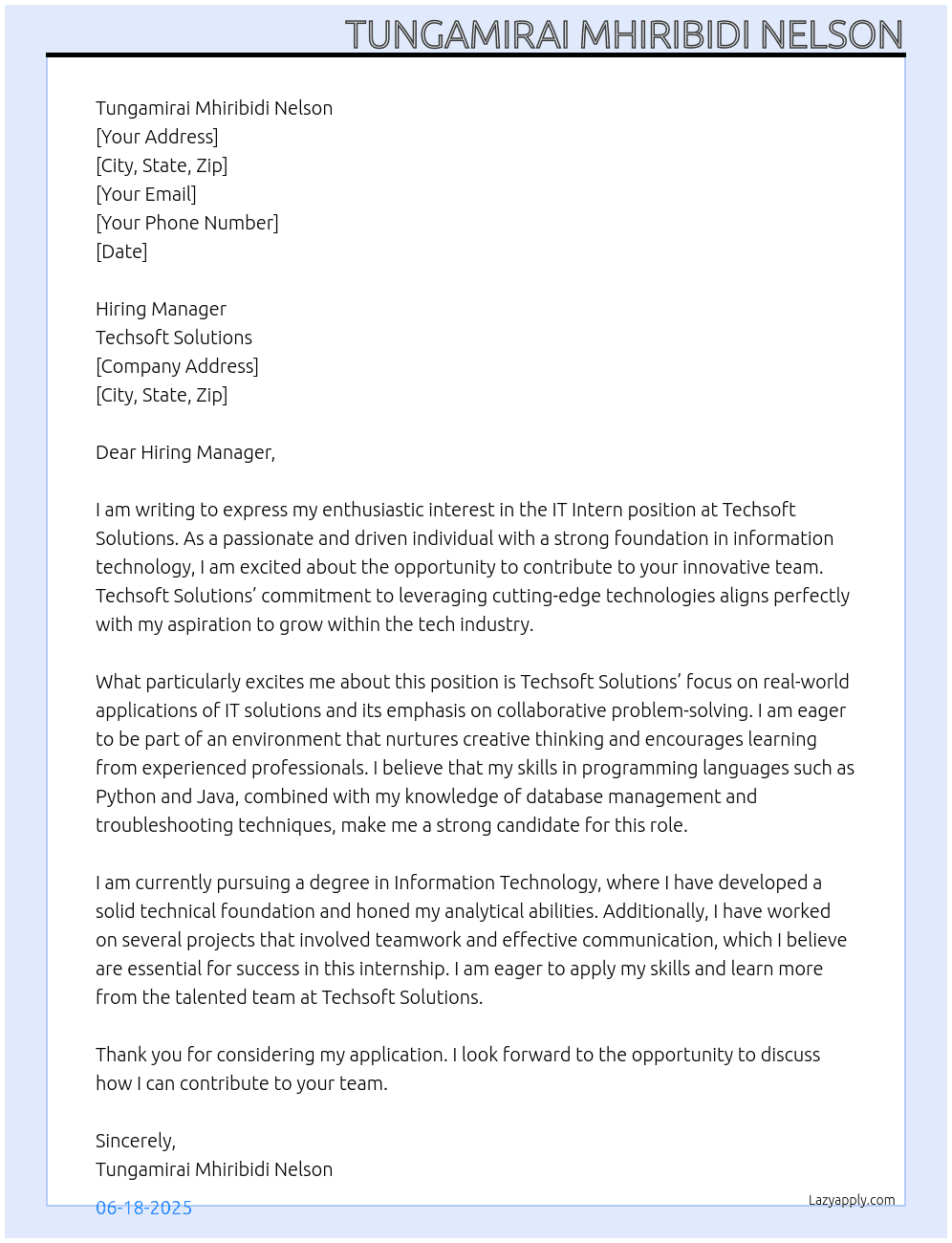 IT Intern At Techsoft Solutions Cover Letter