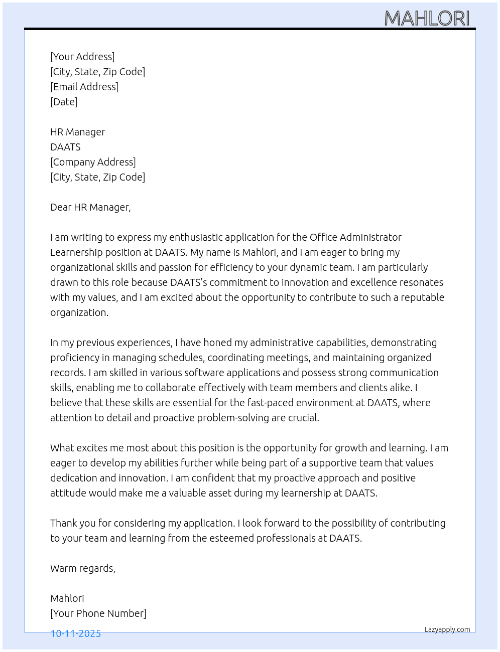 Office administrator learnership  At DAATS Cover Letter