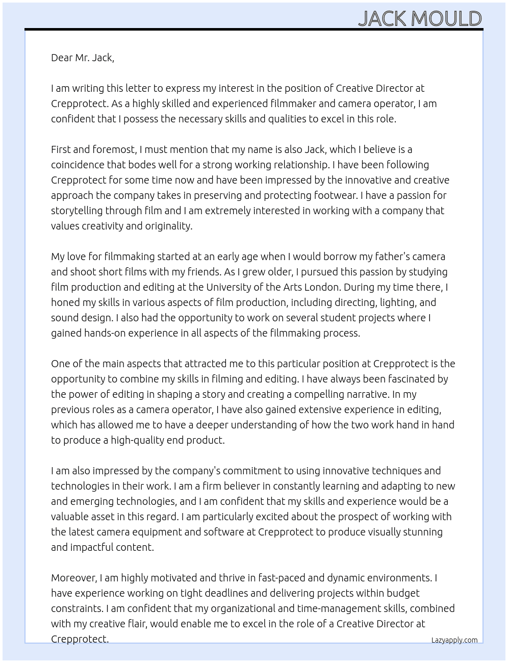 Creative director  At Crepprotect  Cover Letter