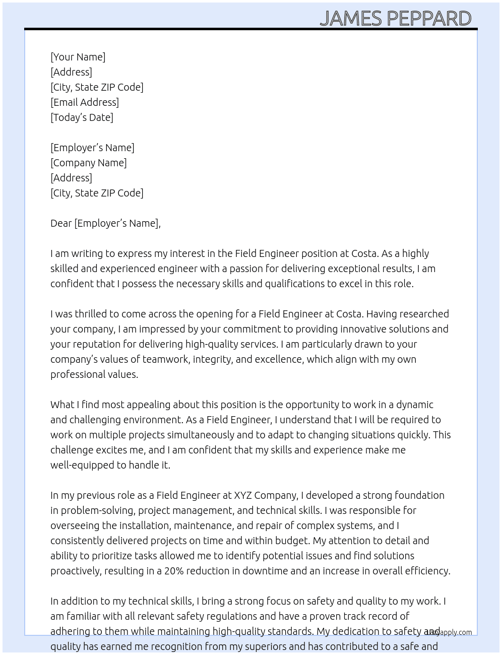 Field Engineer  At Costa Cover Letter