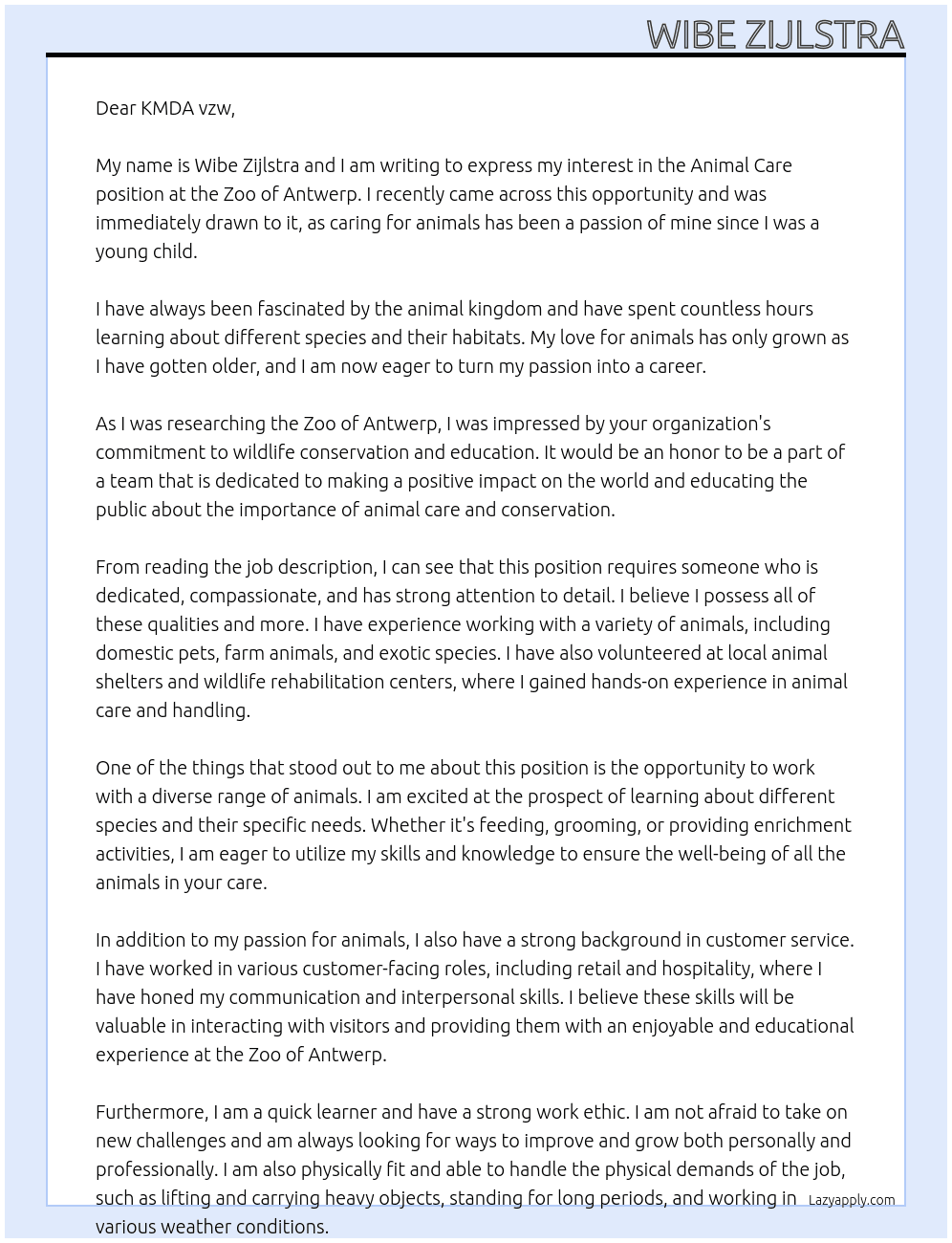 Animal care At Zoo of Antwerp Cover Letter
