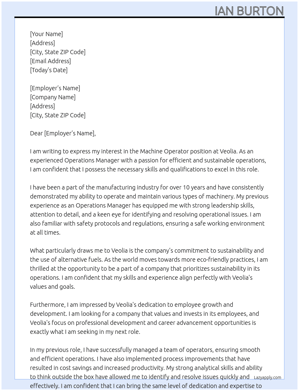 Machine operator At veolia Cover Letter