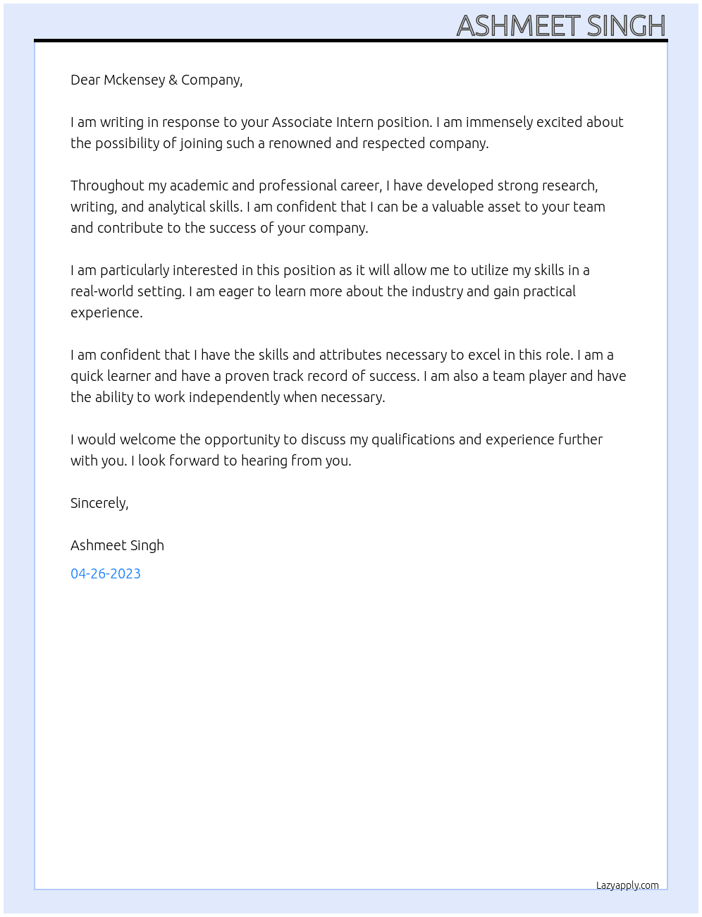 Associate Intern At Mckensey & Company Cover Letter