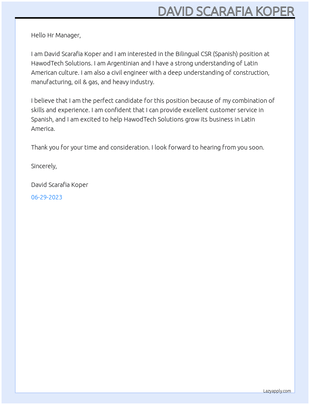 Bilingual CSR (Spanish) At HawodTech Solutions Cover Letter